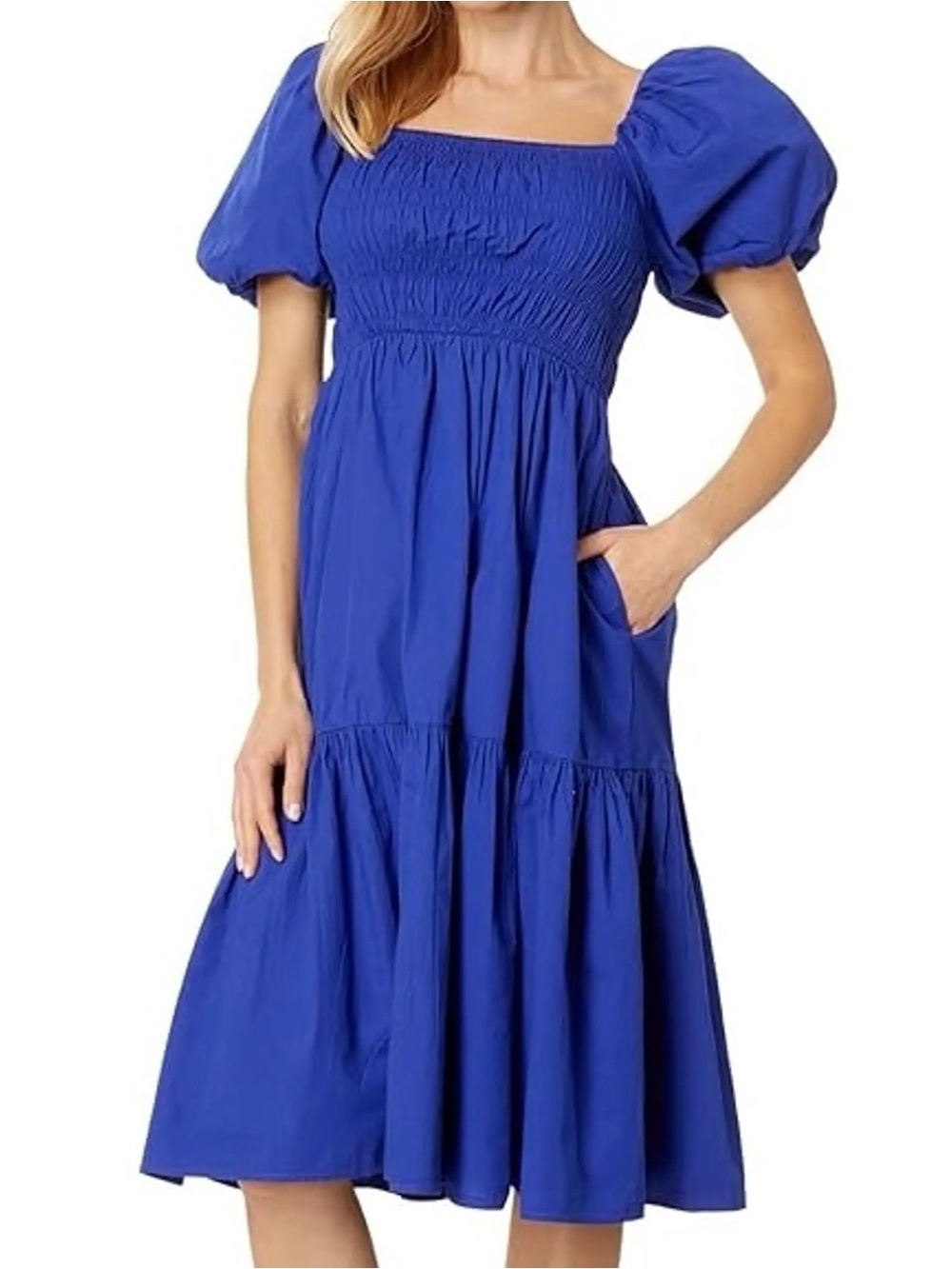 Vince Camuto Royal Blue Smocked Puff Sleeve Midi Dress